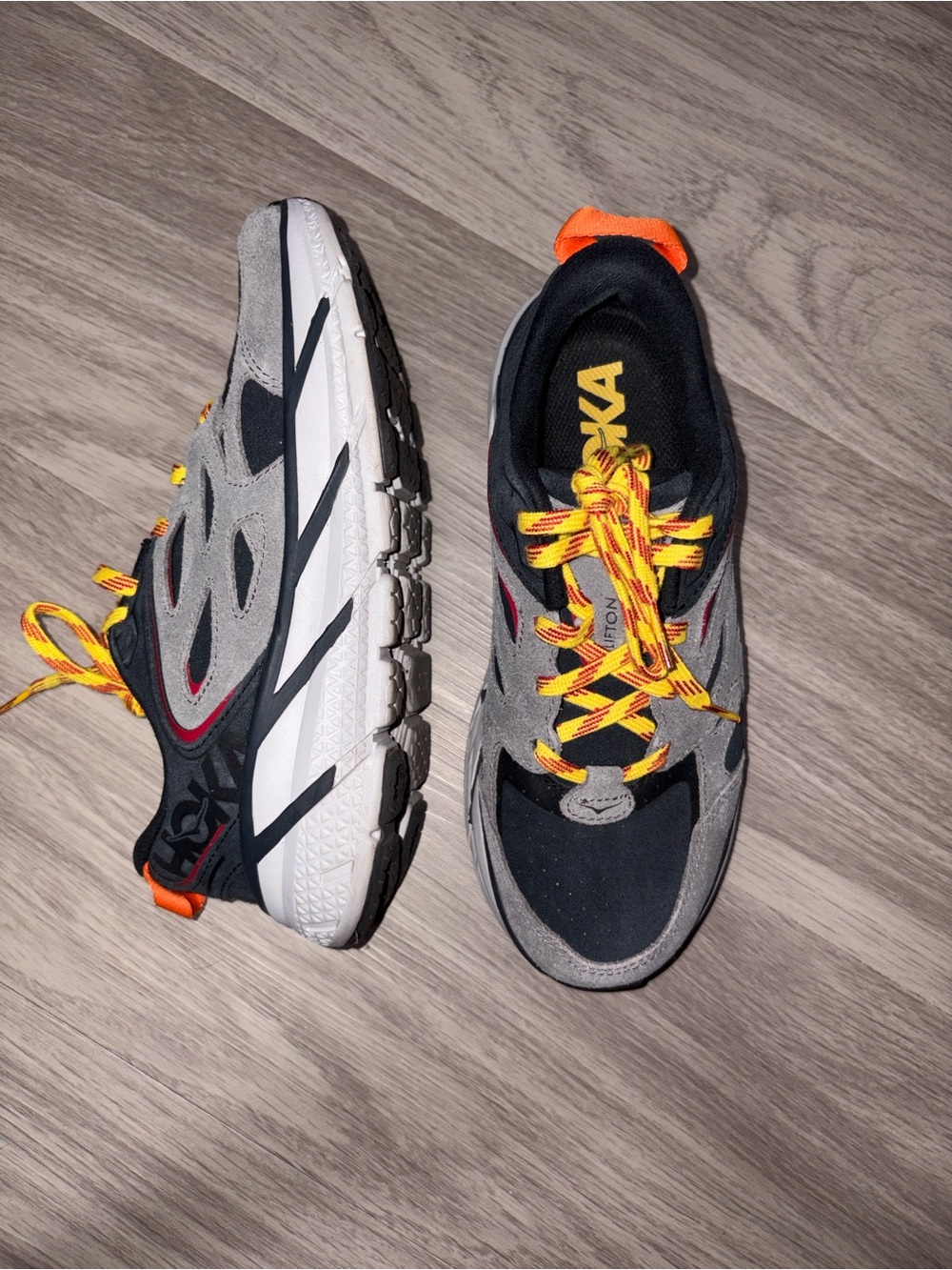 Hoka Gray, Navy & Yellow/Red accent Sneakers with Yellow Laces